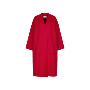 LESS春大衣外套红色新年大口袋绵羊毛长款毛呢大衣女2O1813010