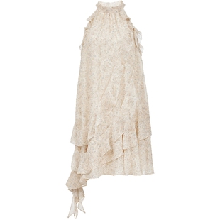 ONLY2025夏季新款波嬉风挂脖圆领不规则荷叶边短裙碎花连衣裙女