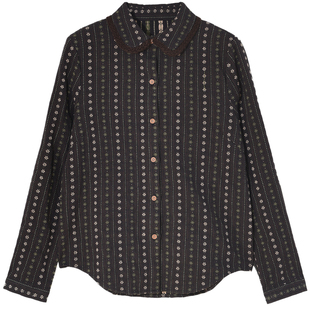 GESGOO复古咖色绣花纯棉衬衫女翻领长袖秋季内搭上衣显瘦2025新款