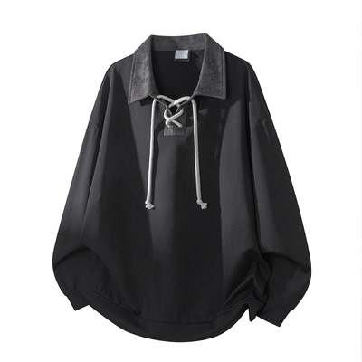 拉夏贝尔复古扎染拼接polo衫卫衣秋冬男女新款绑带小众设计感上衣