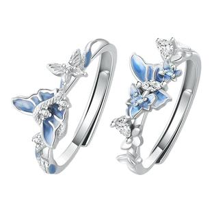 VIVIWELL灵蛇绕蝶 蝴蝶闺蜜对戒小众设计感纯银情侣戒指生日礼物