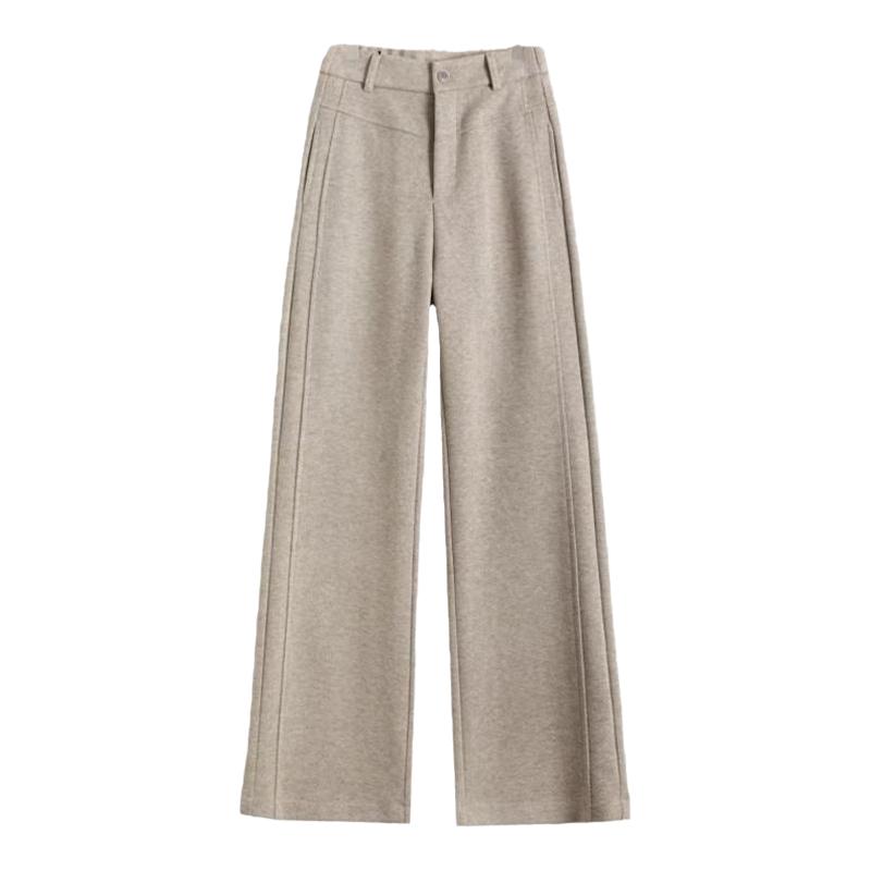 新款羊绒蚕丝裤子女休闲毛呢人字纹阔腿保暖直筒春秋窄版加厚灰色