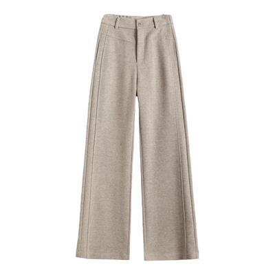 新款羊绒蚕丝裤子女休闲毛呢人字纹阔腿保暖直筒春秋窄版加厚灰色