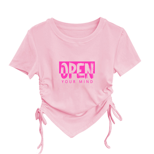 女童t恤纯棉不规则短袖抽绳褶皱女孩不对称上衣儿童修身舞蹈衫