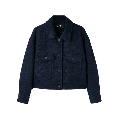 U/TI藏青色小香风粗毛呢短外套女装百搭休闲上衣尤缇时尚秋季新款