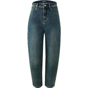 娅丽达复古镰刀裤加绒牛仔香蕉裤女2025冬季新款遮肉小个子哈伦裤