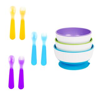 munchkin满趣健麦肯齐辅食碗勺套装宝宝吸盘碗婴儿碗感温勺叉6支
