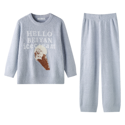 贝妍女冬圆领甜美保暖半边绒睡衣