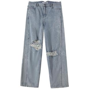 谜底牛仔裤女2025夏季新品复古涂鸦感破洞毛边宽松长裤252MK0578