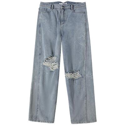 谜底牛仔裤女2025夏季新品复古涂鸦感破洞毛边宽松长裤252MK0578