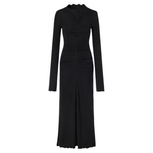 LEDIM WANG莱赛尔木耳边连衣裙女2026春季新款修身长袖黑色长裙