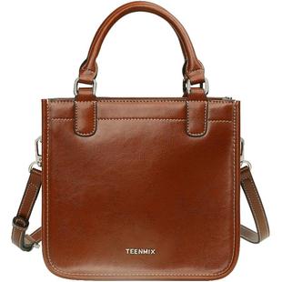 天美意牛皮手提包包女2025新款通勤单肩斜挎包复古油蜡真皮小方包