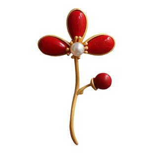 繁华似锦 复古新中式国风红色纯色珍珠三叶草气质鎏金简约胸针 女