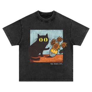 梵高的猫 直喷印花vintage复古美式休闲水洗做旧长短袖T恤上衣tee