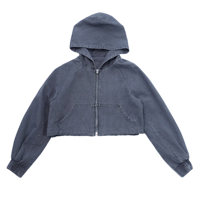 水洗做旧复古牛仔连帽卫衣外套