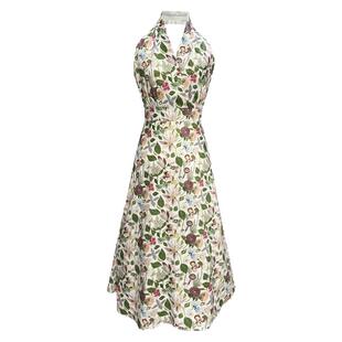 夏季绿野仙踪浪漫优雅复古挂脖v领赫本碎花连衣裙女人味中长款