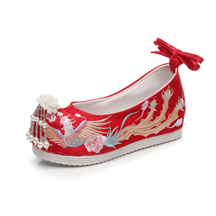 新款汉服婚鞋女内增高古装中式绣花鞋红色新娘高跟复古流苏秀禾鞋