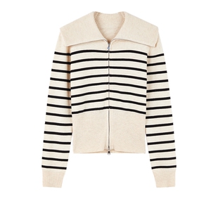 条纹针织开衫女2025年冬季新款女装时尚大翻领设计打底衫针织上衣