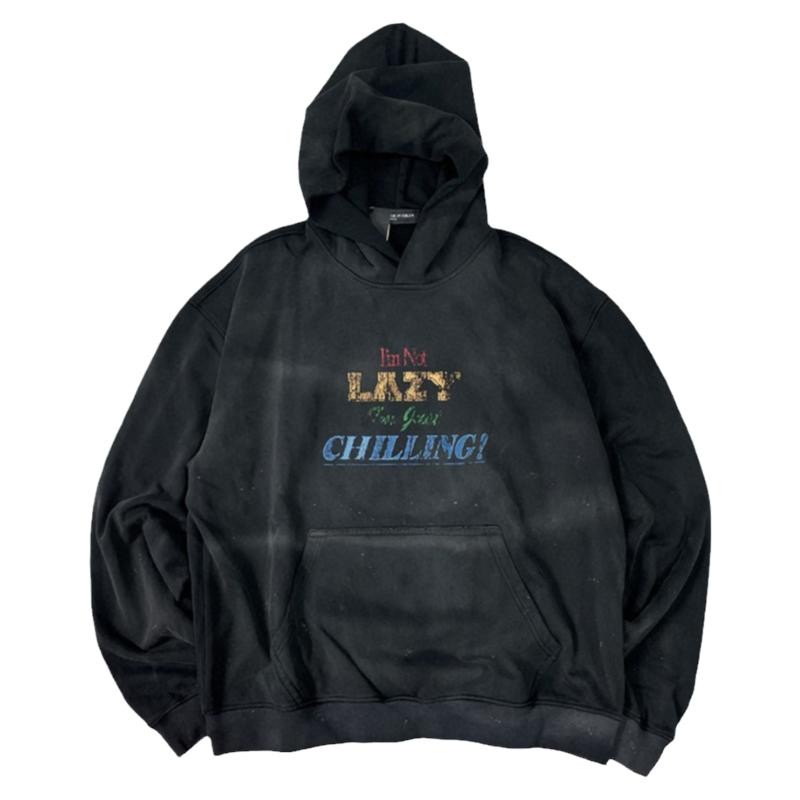Hide in Hills Lazy 复古彩绘泼墨裂痕Logo做旧褪色连帽衫卫衣