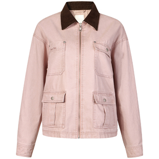 GUUKAHERO粉色复古巴恩风工装外套女小个子miu系正肩翻领夹克百搭