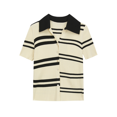 LESS夏季翻领条纹开衫女修身polo领短袖T恤针织衫2N631240K