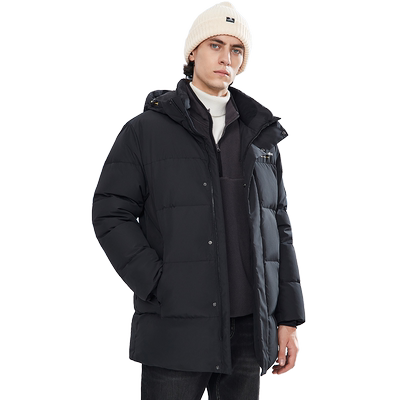 骆驼男装中长款羽绒服连帽