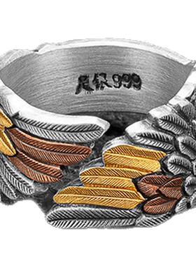 守护之羽足银999纯银乘风飞翼戒指民族风手工银饰金银错开口指环