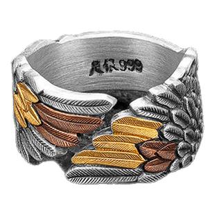 守护之羽足银999纯银乘风飞翼戒指民族风手工银饰金银错开口指环