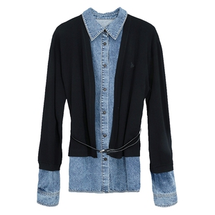 YOUWEI【优惠专属】假两件衬衫牛仔拼接翻领针织上衣Y2223302