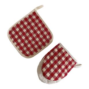 ins韩风可爱格子布艺微波炉手套餐垫烤箱烘焙防烫隔热垫棉麻杯垫