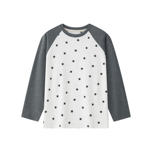 虾酱麻麻男童纯棉长袖t恤春装2026新款插肩上衣撞色星星儿童体恤