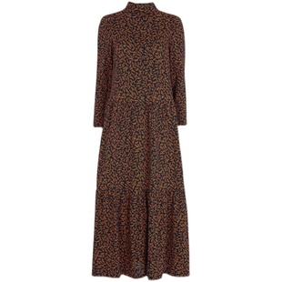 WHISTLES长袖连衣裙中长款深色红叶树叶印花碎花修身复古英伦气质