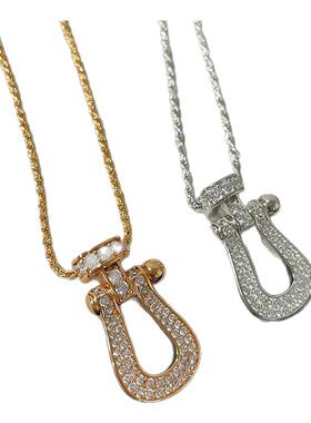 满钻马蹄扣项链 女纯银玫瑰金黄金色U形竖版大号锁骨链轻奢高级感