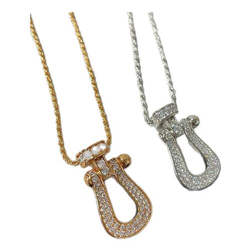 满钻马蹄扣项链 女纯银玫瑰金黄金色U形竖版大号锁骨链轻奢高级感