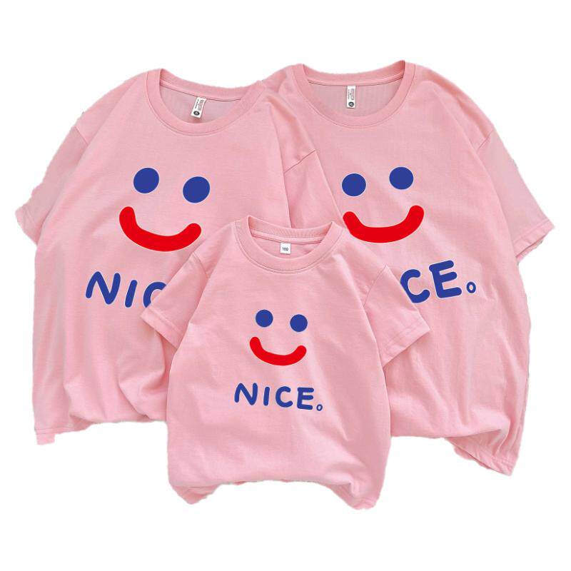 新款夏装nice笑脸亲子装一家三口婴儿母子棉短袖T恤活动全家装