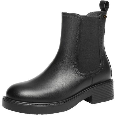 百丽复古真皮加绒保暖切尔西靴子女冬款棉鞋粗跟休闲短靴E8M1DDZ5