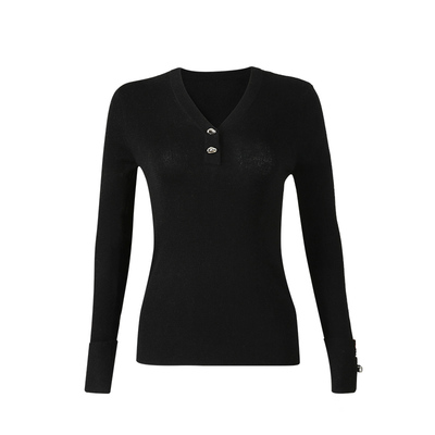 Magyann2025冬通勤休闲长袖金属扣V领打底衫内搭修身显瘦针织衫女