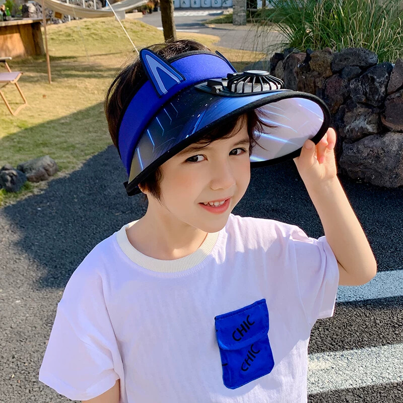 儿童防晒帽男孩夏季遮阳帽带电风扇的帽子男童女童大檐空顶太阳帽图片
