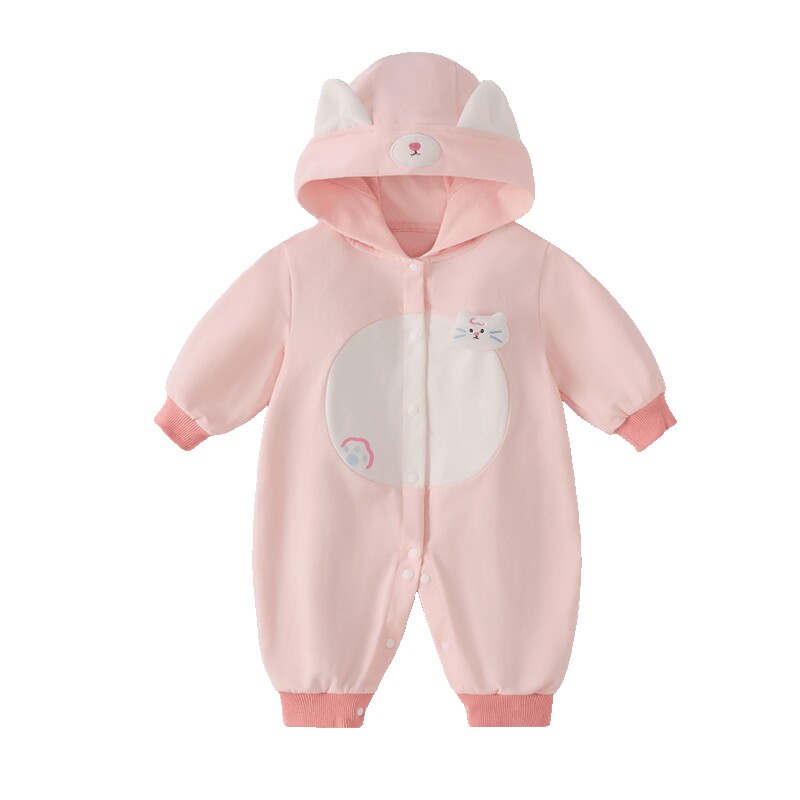 jellybaby婴儿连身衣秋季新款新生儿长袖宝宝爬服连帽小月龄秋装