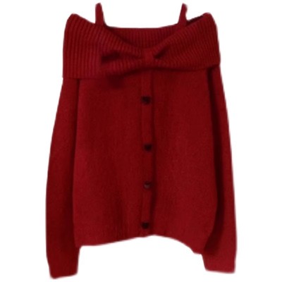 圣诞节穿搭红色一字肩吊带毛衣女