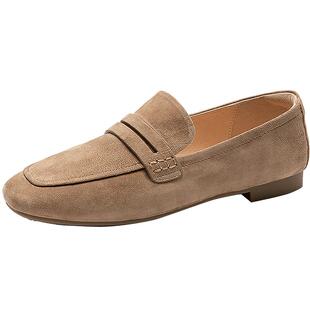 千百度低跟羊皮绒面乐福鞋女百搭气质新款豆豆鞋通勤轻便深口单鞋