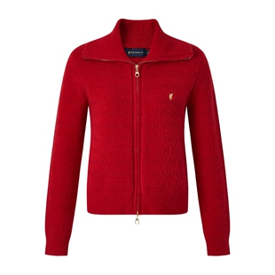 POLOWALK女装针织衫2026春季新款女士翻领针织衫开衫拉链红色毛衣