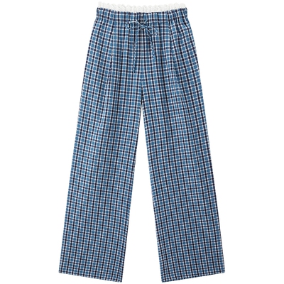 【糖霜格蕾】乐町格子裤春夏新款蕾丝边格纹直筒阔腿松紧腰休闲裤