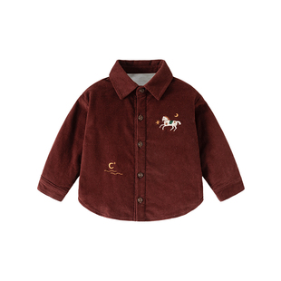 Oak mont男童加绒衬衫冬装宝宝周岁礼服红色蚕丝绒儿童衬衣外套