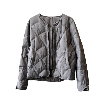 无领灰色菱格羽绒服女士冬季短款韩国宽松小个子轻薄90白鸭绒外套