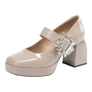 星期六气质玛丽珍单鞋女浅口春秋季新款一字方头水钻粗高跟女鞋