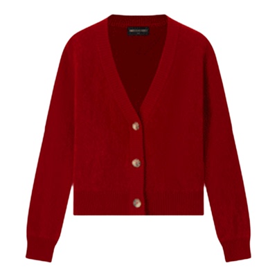 珍贝秋冬新年红V领羊绒开衫女