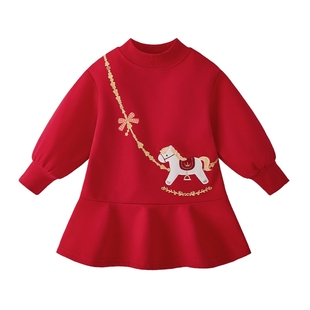 [抑菌锁温]儿童裙子女童红色连衣裙小女孩秋冬加厚新款宝宝公主裙