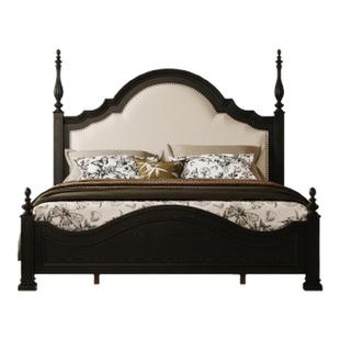 时余茉尔法式复古实木床1米8黑色高级感真皮床复古美式床主卧大床