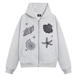 404MOB重工刺绣加绒女款连帽开衫卫衣女秋冬潮牌短款甜辣厚外套女